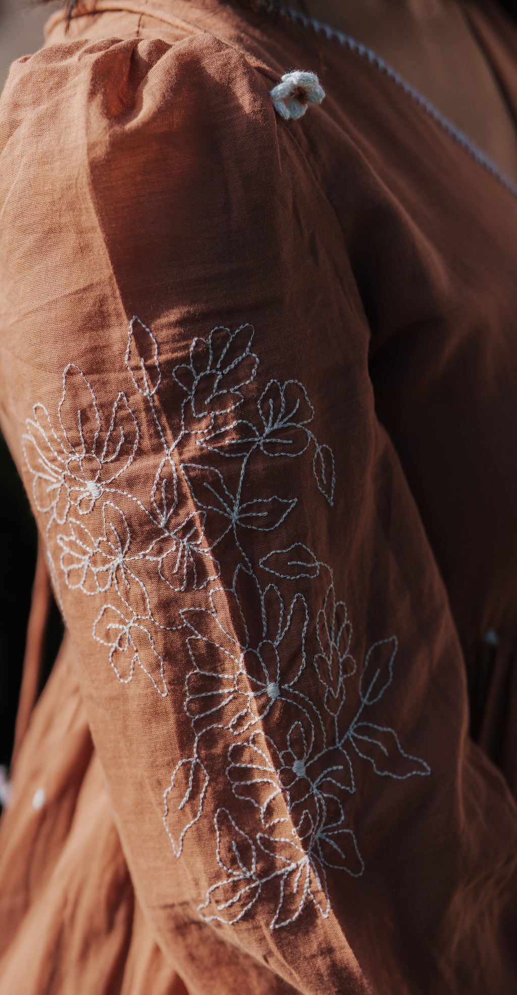 Soft Cotton Embroidered V-Neck Dress with Tie-Tassels