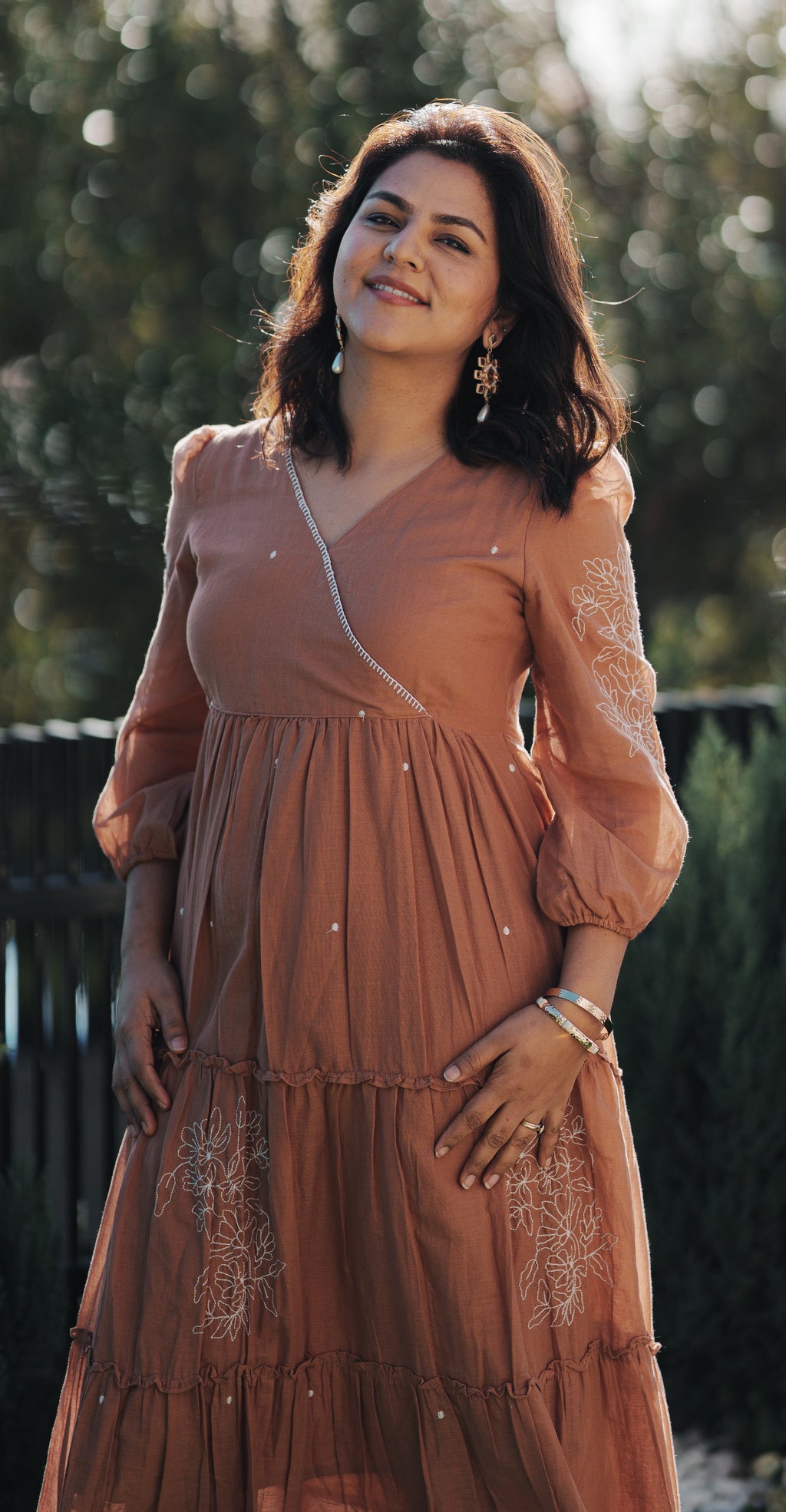 Soft Cotton Embroidered V-Neck Dress with Tie-Tassels