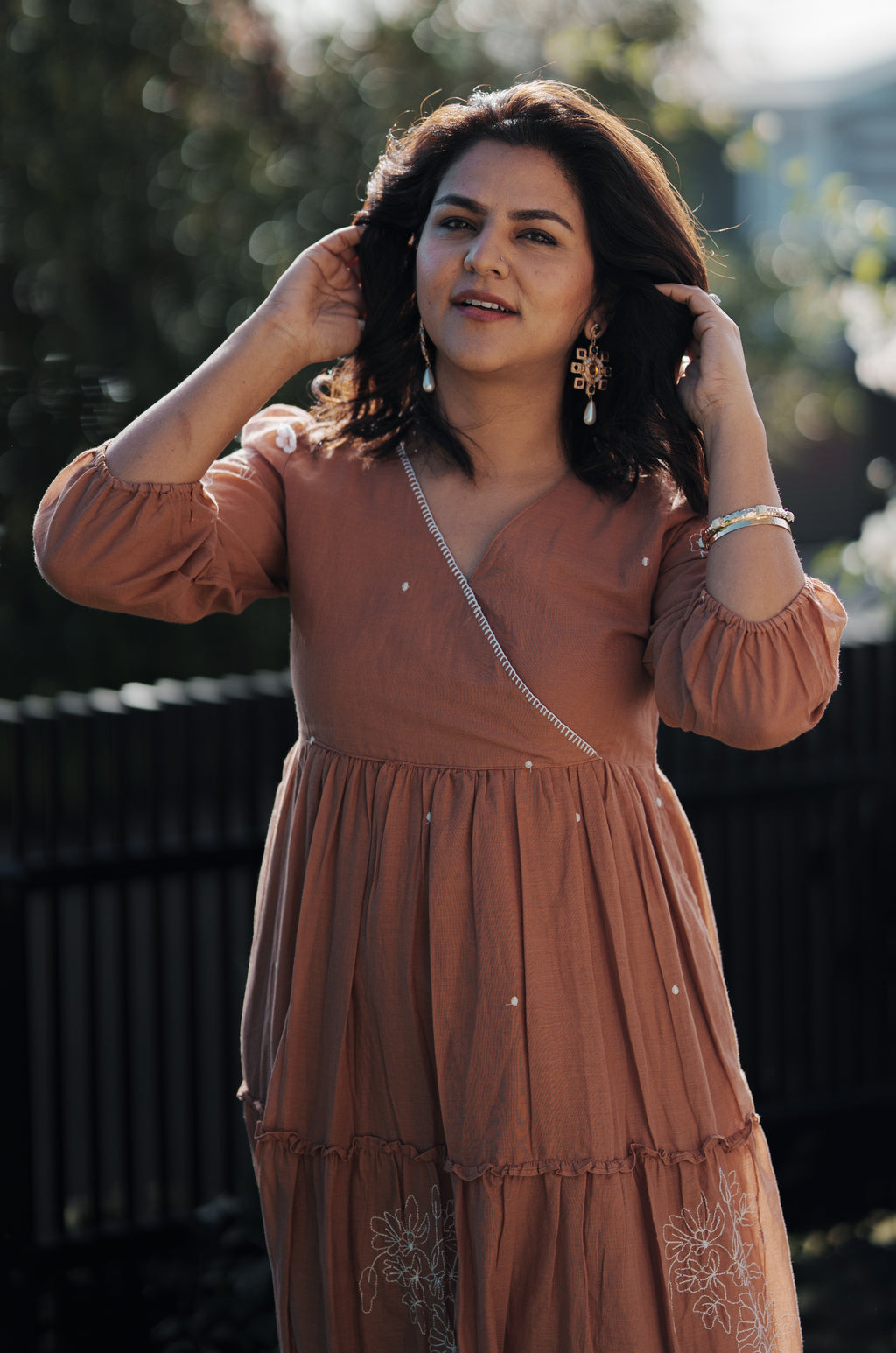 Soft Cotton Embroidered V-Neck Dress with Tie-Tassels