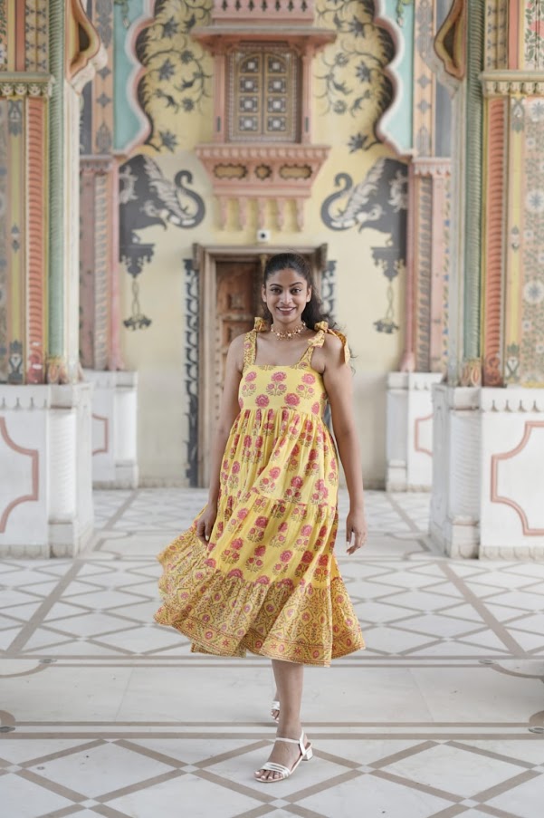 Floral Block Print Midi Dress with Tie Shoulder Straps and Pockets