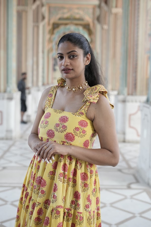 Floral Block Print Midi Dress with Tie Shoulder Straps and Pockets
