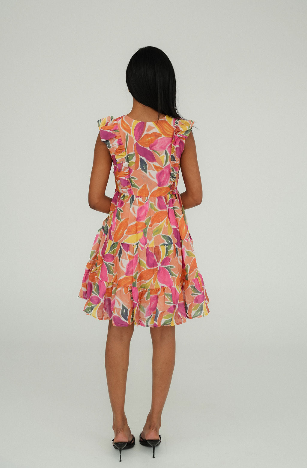 Vibrant Floral Print Tiered Mini Dress with Ruffle Sleeves