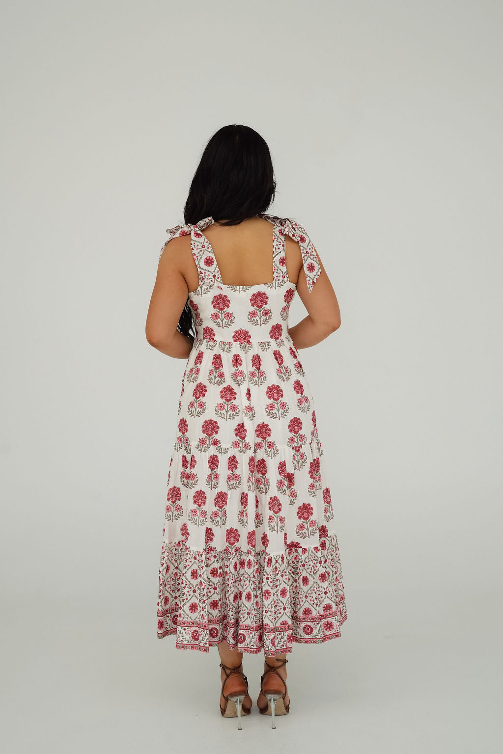 Floral Block Print Midi Dress with Tie Shoulder Straps and Pockets