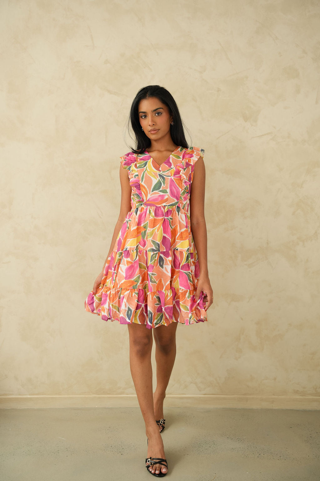 Vibrant Floral Print Tiered Mini Dress with Ruffle Sleeves