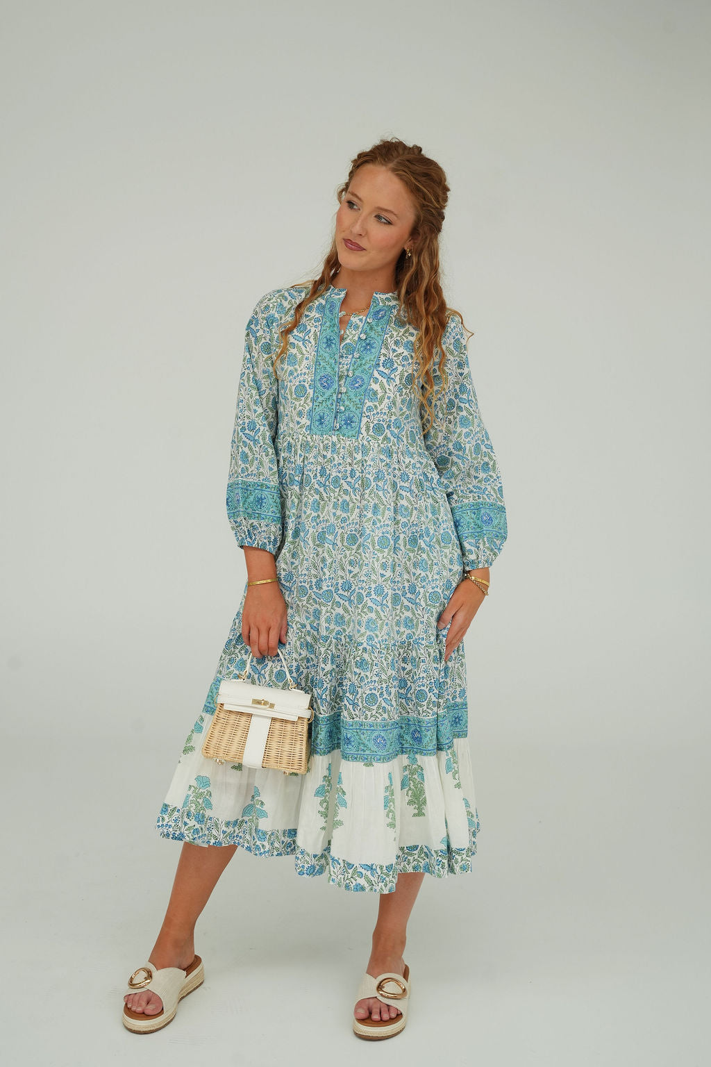 Floral Block Print Cotton Midi Dress