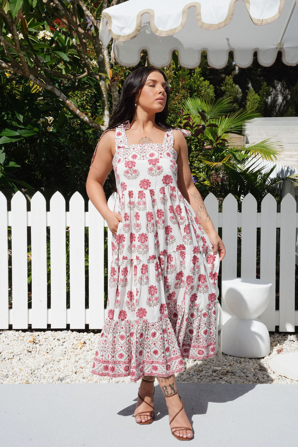 Floral Block Print Midi Dress with Tie Shoulder Straps and Pockets