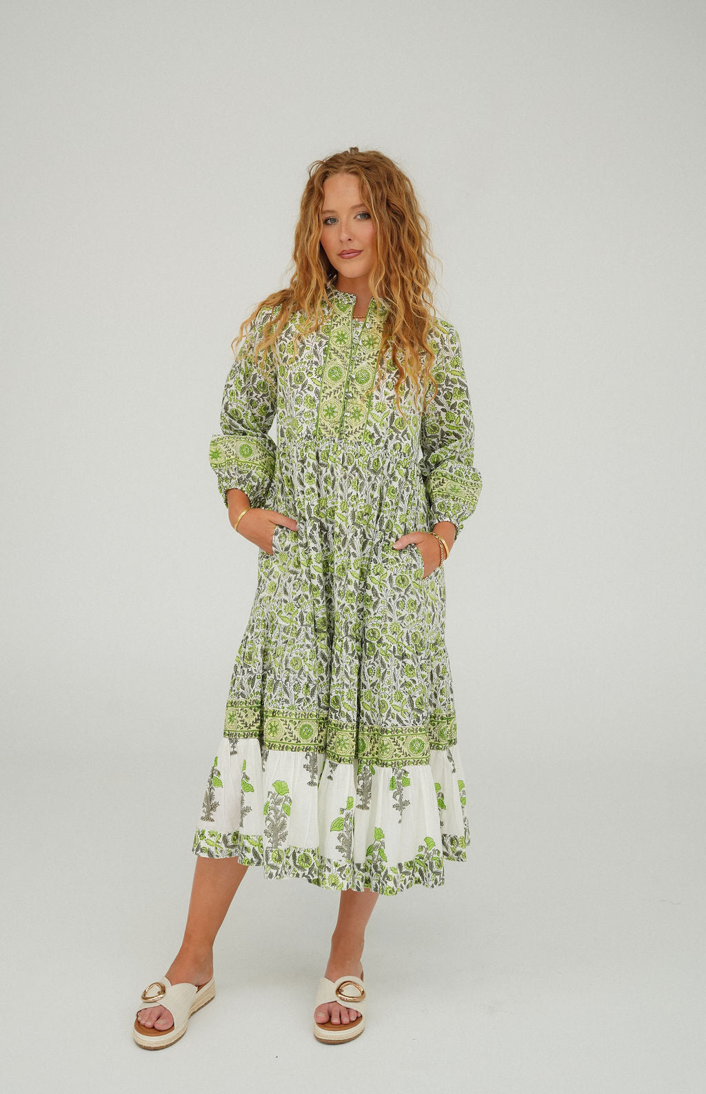 Floral Block Print Cotton Midi Dress