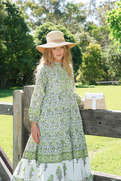 Floral Block Print Cotton Midi Dress